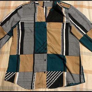 Black, white, tan and green Art Deco Calvin Klein blouse size M